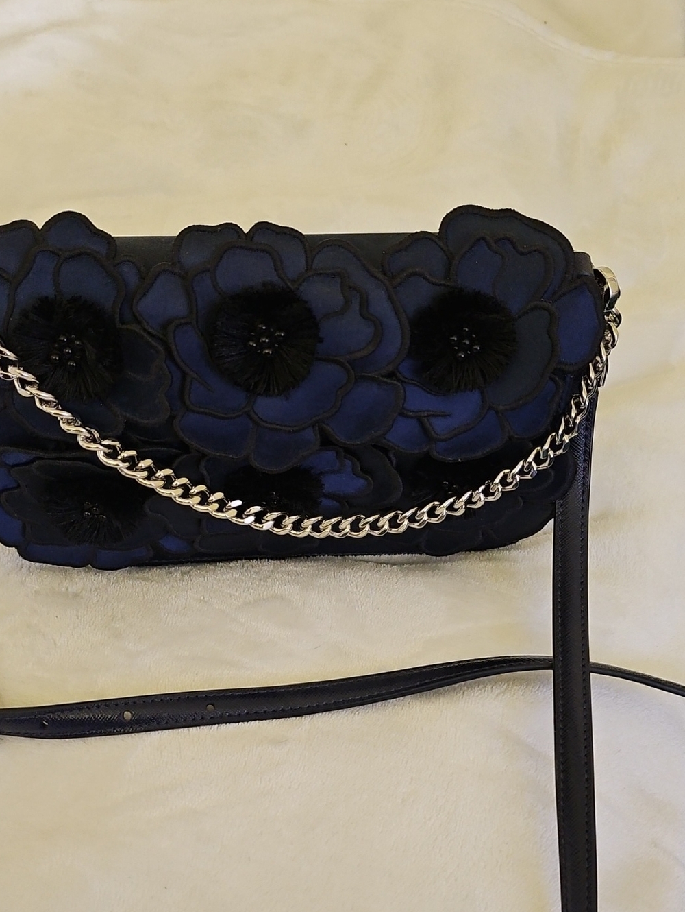 Floral Applique Navy Crossbody Bag with Chain Strap